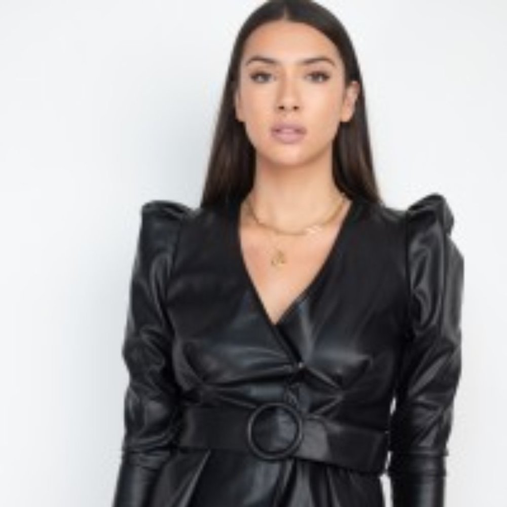 Faux Leather Belted Puff Sleeve Jacket Top